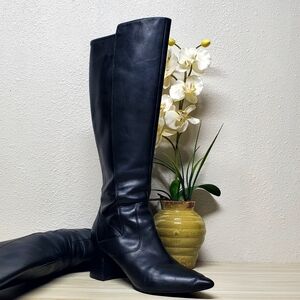 Marc Fisher Black Leather Knee High Block Heel Boots Size 10